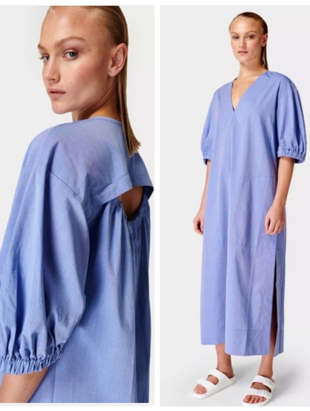 Sweaty Betty Loren Poplin Midi Dress Blue Women's Small Bohemian Effortless